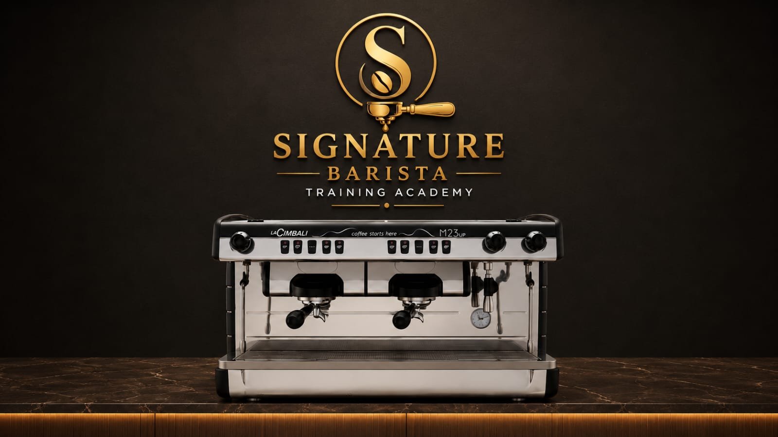 LaCimbali M23UP double-head group commercial espresso machine used in the Signature Barista training lab