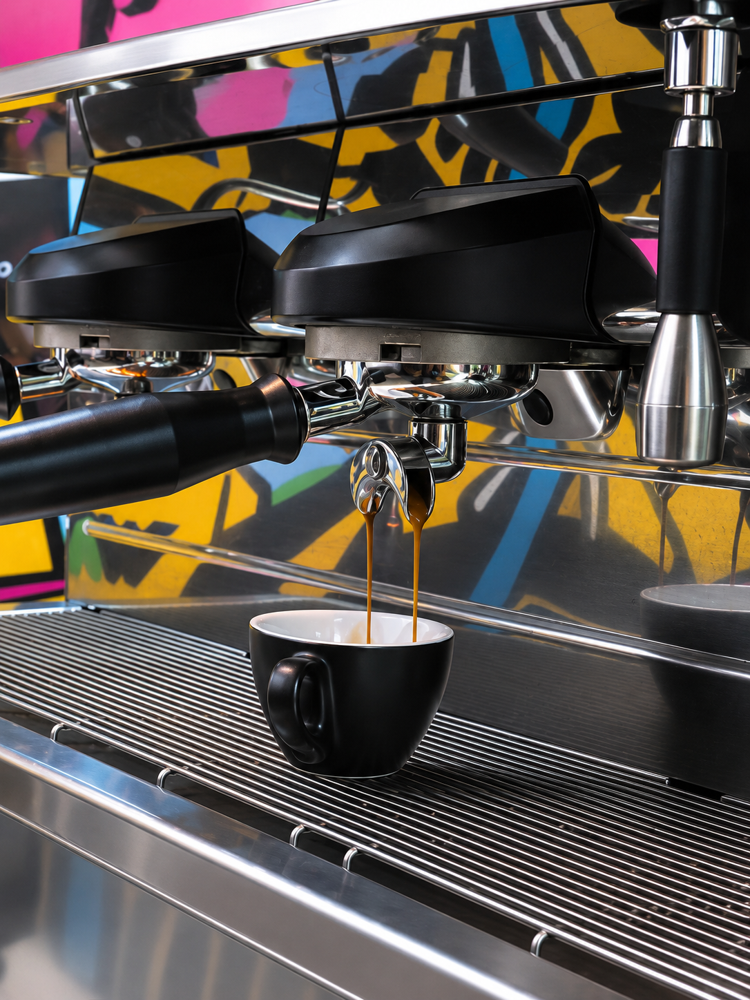 Student pulling an espresso shot to demonstrate extraction technique